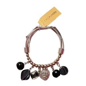 ⭐️3/$25⭐️ Erica Lyons Art Glass Heart Silver Tone Charm Stretch Bracelet NWT